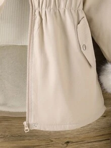 女孩舒适休闲宽松毛绒衬里仿皮草装饰连帽中长款派克大衣 - 米色 - 查看 6