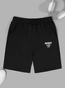 Men Cottonline Letter Printed Pocket Drawstring Regular Short - Black - View 2