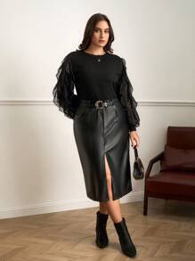 Chikora 大码女式圆领针织拼布雪纺镂空袖毛衣，经典时尚款式，适合日常穿着 - 黑色 - 查看 3