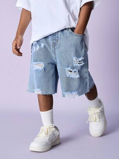 SHEIN Baby Boys Distressed Casual Ripped Ljusblå Loose Fit Baggy Denim Långa Shorts Bermuda,För pojkar Vår- och sommarkläder Daglig klädsel