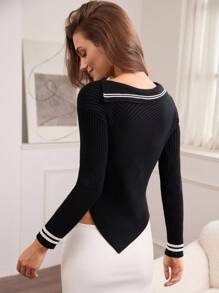 Hanevo 女士时尚通勤撞色条纹不对称开衫 - 黑色 - 查看 2