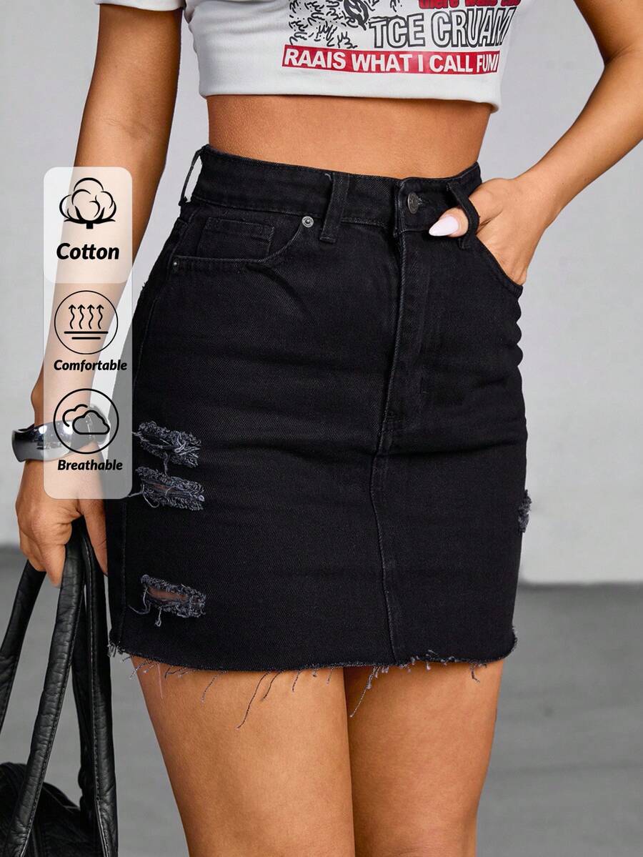 EURMUSE WOMEN HIGH WAIST MINI SKIRT DESTROY RAW EDGE Women Summer Clothing Women Clothing Y2k Woman S Summer Clothes Women Summer Sets Women S Bottoms - Black - View 1