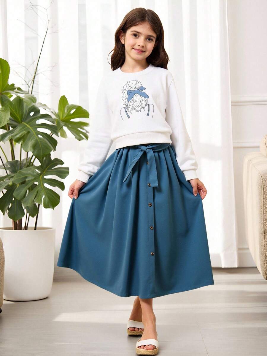 少女手繪人物圖案下垂肩上衣＆前扣綁帶裙
