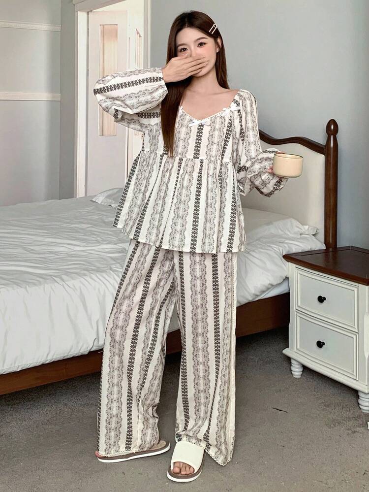 Women's Casual Printed Top & Pants Pajama Set, Fall Clothes