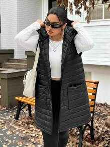 SHEIN EZwear Plus Size Women Casual Solid Color Sleeveless Hooded Long Cotton Outerwear, Autumn/Winter,Fall,Back To School,Business Casual,Office Outfits,Work,Teacher,Quilted Fabric,Warm,Zip Up Hooded - Black - View 5