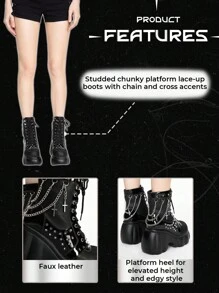 ROMWE Grunge Punk Giày bốt cao đến mắt cá chân mũi tròn màu đen kiểu Goth Punk tối màu thời trang Halloween cho nữ, khóa chéo đinh tán - màu đen - Xem 7
