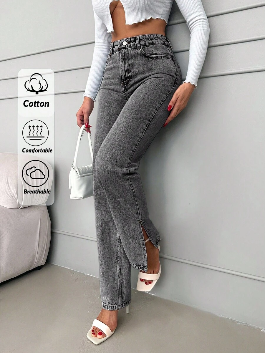 RueChic 100%Cotton Women's Casual Straight Leg Jeans With Slit Hem - Grey - View 1