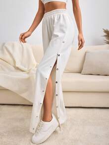 EURMUSE Cotton Wide Leg Side Detailed Sweatpant Women S Bottoms Women Summer Clothing Women Summer Sets Women Clothing Summer Outfits Summer Outfits For Women - Beige - View 6