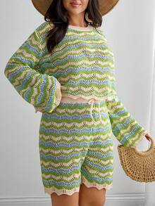EURMUSE Hollow Out Short & Knit Top Cover Up Set - Multicolor - View 4