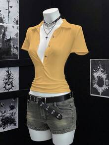 EgrlEra Camiseta de mujer de manga corta con cuello polo de unicolor y sexy - amarillo ganso - Ver 3
