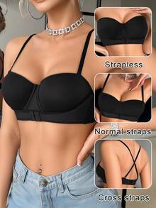 1pc Women's Solid Color Underwear, Small Bust Push Up Bra, Invisible Non-Slip Backless Seamless Bra - Black - View 1