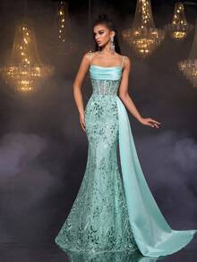 Glamrae Elegant Luxurious Beaded Embroidered Lace Sequin Floral Patchwork Satin Mermaid Skirt With Side Slit, Suitable For Wedding, Party, Prom, Vacation, Banquet (Heavy Embellishment) - Green - View 5