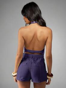 MISSGUIDED Bộ đồ liền thân denim hở cổ lấy cảm hứng từ phong cách cổ điển, cài nút xuyên suốt, trang phục lễ hội mùa hè, kỳ nghỉ có túi phía trước - Màu xanh hải quân - Xem 2