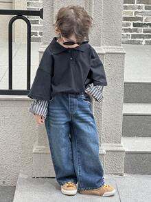 DAZY Young Boy Loose Straight Leg Jeans , Basic Bottoms For Kids, Fall - Blue - View 2