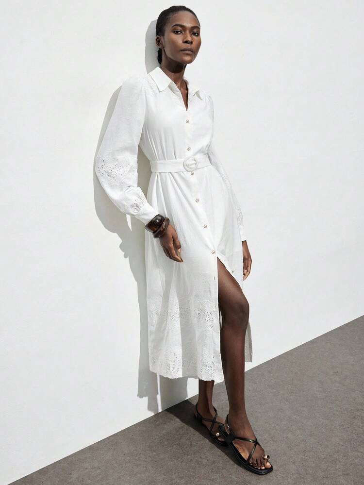 SHEIN Maija Women's White Embroidered Fabric High-End Shirt Collar Design Shirt Dress, Long Modest Vacation Romantic Fashion Bohemian Shirt Collar Design, Shoulder Epaulet Long Sleeve Ruched Waist A-Line Hem Beach Vacation Outfit, Boho Isabelline Island Vacation Style, Summer Dopamine Vacation Outfit, Countryside Music Festival Western Style Dress Modern Vacation Nomadic Casual Fashion All-Match Women's Country Concert Clothing Western Style Women's Clothing Nomadic Style Bohemian High-End Elegance A