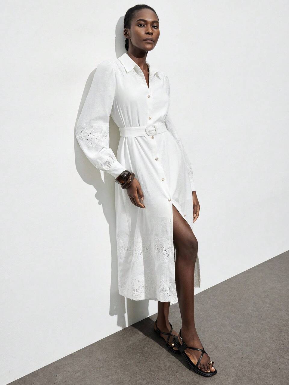 SHEIN Maija Women's White Embroidered Elegant Shirt Dress,Autumn Tea Party High-End Long Sleeve Modest A-Line Hem Bohemian Vacation Boho Fashion Outfit