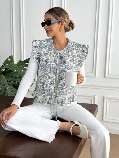 SHEIN Frenchy Women's Floral Print Front Tie Cap Sleeve Fashion Winter Jacket Casual