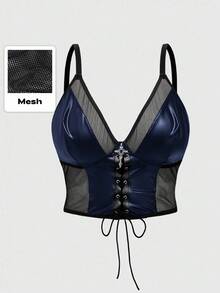 ROMWE Goth Halloween Gothic Mesh Patchwork Lace-Up Plus Size Women Leather Suspender