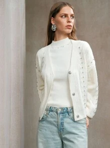 Revavyn Revavyn Damen Woll-Garn Stoff Cardigan mit Perlenverzierung, Drop-Shoulder, Langarm Kurz-Cardigan für tägliche Fahrten, Schule im Herbst, Ausgehen, Weiß - Aprikosenfarben - Übersicht 5