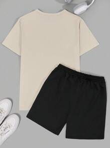 RueChic Men Drawstring Waist Pocket Letter Printed Regular Short Sleeve T-Shirt & Short Set - Beige - View 3