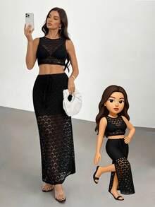 SHEIN Tall Women's Vacation Knit Crochet Vest And Split Hem Skirt Set, Bohemian Style For Music Festival - Black - View 1