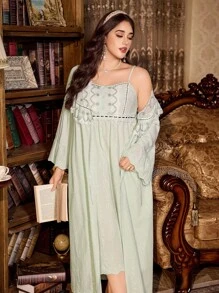 PalaceNights Embroidered Lace Vintage Palace Style Plus Size Nightgown + Robe Set, Fall Clothes - Mint Green - View 1