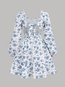 Girlism Tween-Mädchen Rückenfreies, rückenfreies, florales, quadratisches Halsausschnitt, langärmliges Lässig kleid, lässig - Blau-Weiß - Übersicht 2