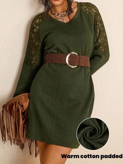 Freevana Plus Size Women Textured Contrast Lace Insert Long Sleeve Dress Sweater Dresses For Women Jumper Dress Olive Dress Green Dress Autumn Dress Winter Clothes For Women Business Casual Woman Fall Clothes For Women Winter Clothes Office Outfits For Women Olive Green Chic Winter Business