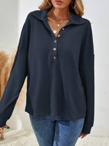 SHEIN Camiseta casual holgada de mujer de unicolor, con mangas largas, hombros caídos y botones en la mitad del escote - Azul - Ver 6