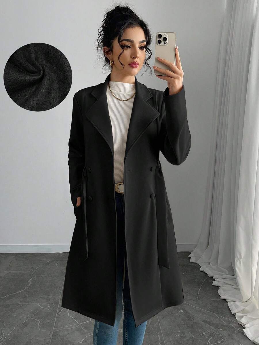 Rafferiza 女式纯色仿麂皮双排扣侧袋常规夹克 - 黑色 - 查看 1