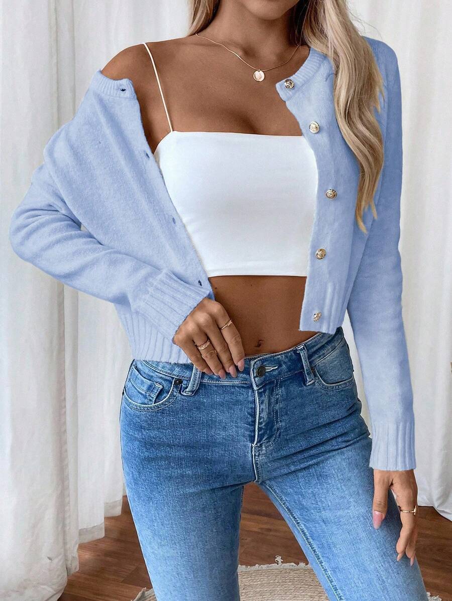 EMERY ROSE Women's Solid Color Gold Button Edge Ribbed Design Cropped Cardigan, Suitable For Spring And Autumn Fall Winter Cloth For Women - Teal Blue - View 1