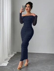 Firerie Elegantes weißes Damen Maxikleid mit Off-Shoulder Ausschnitt, Perlendekor, Rüschen, figurbetonter Passform, romantisch für Partys und Dates, Valentinstag - marineblau - Übersicht 7