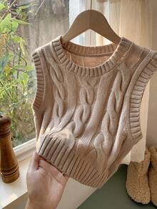 Comfortcana 大码复古时尚纯色圆领休闲简约针织背心，秋季叠穿单品 - 卡其色 - 查看 7