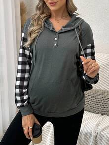 SHEIN Maternity Sweatshirt With Ribbed Cuffs & Hem, Long Sleeve Hooded, Digital Print Plaid Patchwork, Front Button Tie, Front Pouch Pocket - Dark Grey - View 4