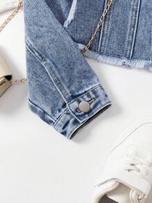 Elladie kids 青少年女孩牛仔夹克和外套，剪裁合身，时尚羊腿袖设计，做旧牛仔蓝水洗，适合青少年女孩的休闲学院风牛仔夹克 - 中等水洗藍 - 查看 5