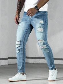 Manfinity LEGND Quần Jeans Skinny Rách Denim Xanh Thời Trang Cho Nam - Rửa nhẹ - Xem 4