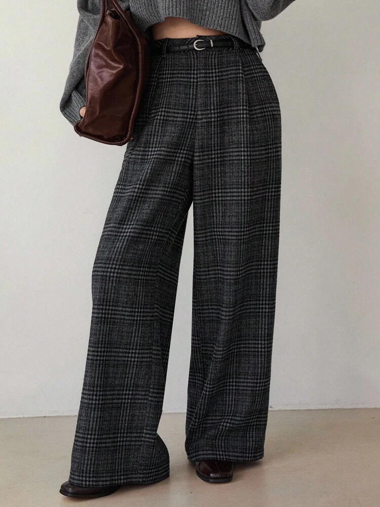 Women's Loose Plaid Straight-Leg Casual Pants, Suitable For Business, Office, Commuting, Autumn/Winter Women Dress Pants