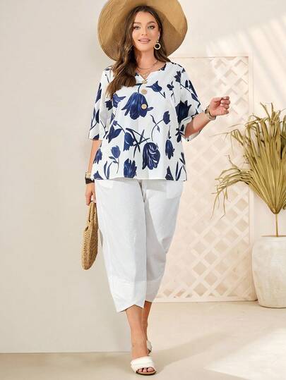 EMERY ROSE Plus storlek kvinnor blommönster blus och capri byxor Set, sommar