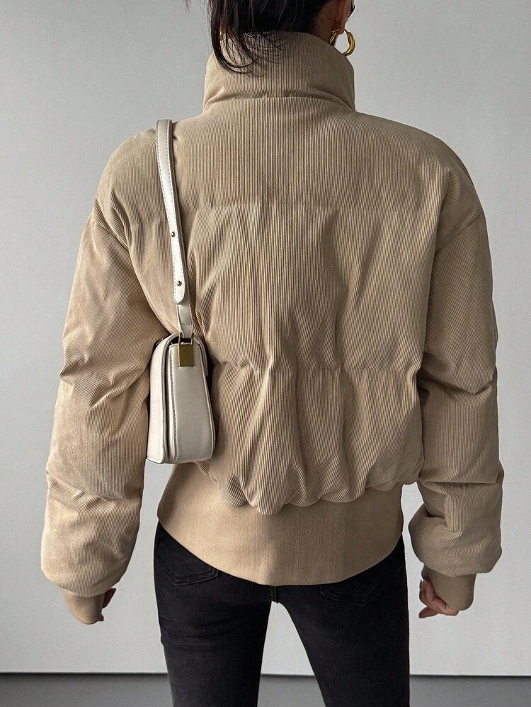 Letter Graphic Print Fitted Short Casual Street Style Padded Coat For Women, Autumn/Winter Jacket