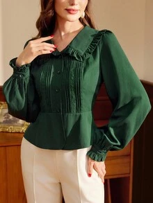 Vintamour Vintage Classic Elegant Women's Blouse, Fitted Ruffle Collar Blouse, Striped Floral Lace Trim Blouse, Long Sleeve Button-Up Blouse, Moss Green - Dark Green - View 5
