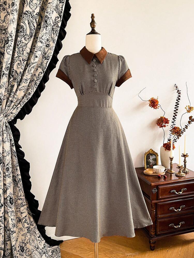 Vintamour Vestido retro clásico y elegante para mujer con bloques de color a cuadros, cuello, manga corta, silueta entallada y acampanada, apropiado para primavera/verano - Café - Añade 3