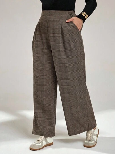 Auralis กางเกงขายาวลายสก๊อตสีน้ำตาลเอวยางยืดทรงหลวมใส่สบายแฟชั่นฤดูใบไม้ร่วงและฤดูหนาวสำหรับผู้หญิงอวบอ้วน, กางเกงย้อนยุค, กางเกงขายาวสำหรับฤดูใบไม้ร่วงและฤดูหนาว, ชุดฤดูใบไม้ร่วง, กางเกงหลวม