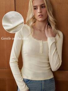 Écloséra 女士圆领蕾丝边针织弹力镂空优雅通勤法式长袖 T 恤 - 杏色 - 查看 1