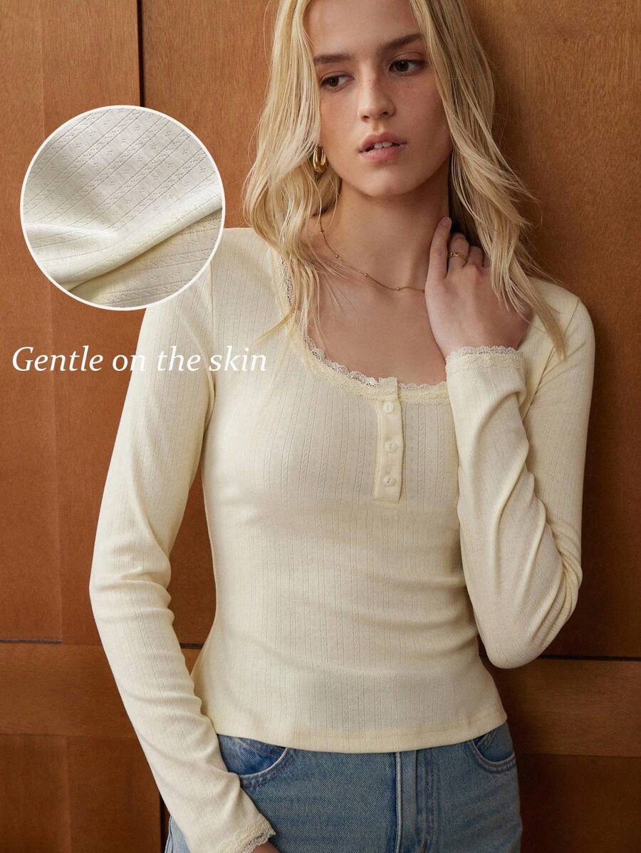 Écloséra 女士圆领蕾丝边针织弹力镂空优雅通勤法式长袖 T 恤 - 杏色 - 查看 1