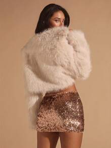 Glamine 时尚仿毛领短款夹克，秋冬 - 杏色 - 查看 2