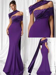 Coutiva Women's Rhinestone Decorated Mermaid Formal Evening Gown - Dark Purple - View 3