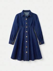 lacRébo Blue Denim Button Front Long Sleeve Mini Dress Going Out Dress Office Outfits Autumn Dress Winter Dress - Dark Wash - View 7