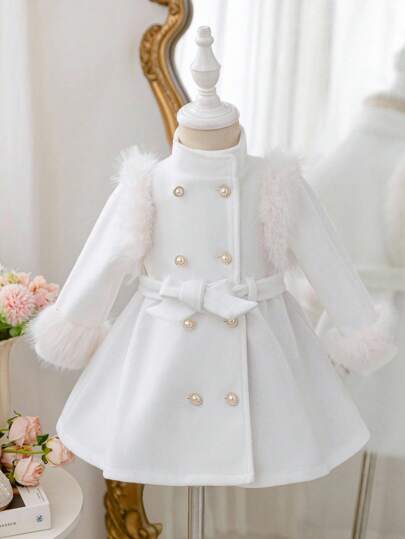SHEIN 女婴可爱白色立领长袖外套，适合秋冬季节穿着。