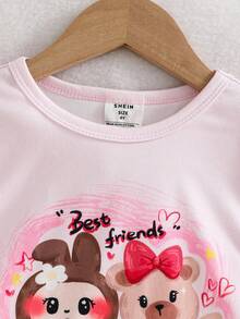 SHEIN 两件套女童针织可爱图案圆领T恤和紧身打底裤睡衣套装 女童睡衣套装 女童睡衣 女童睡衣套装 - 粉色 - 查看 6