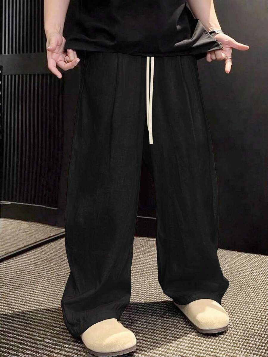 Claim Dot 男士宽松直筒休闲裤，亚麻松紧腰长裤，秋季 - 黑色 - 查看 1